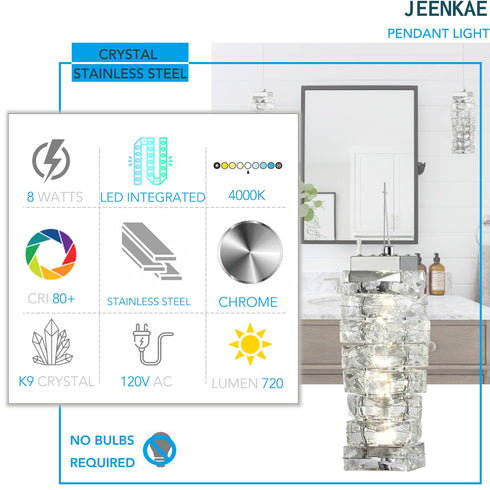 Modern Small Crystal Pendant Light Chrome, LED 8W, 4000K