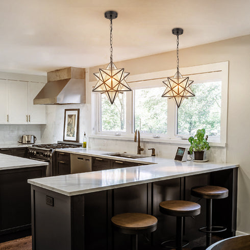 Moravian Star Pendant Light Seeded Glass Shade, 16 inches