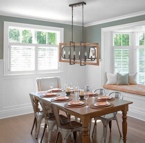 6-Light Wood Pendant Chandelier for Dining Room Rust Brown