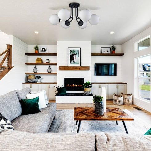 6-light Modern Globe Black Semi Flush Mount Ceiling Light Fixture for Bedroom