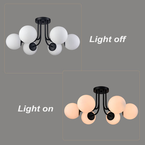 6-light Modern Globe Black Semi Flush Mount Ceiling Light Fixture for Bedroom