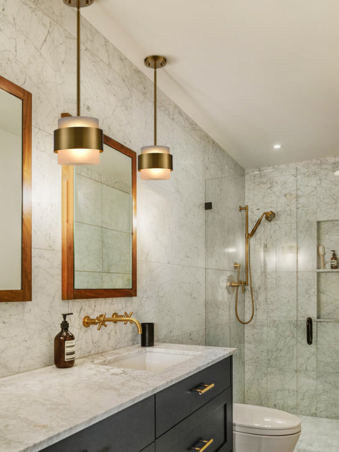 Modern Brass Pendant Light with Frosted Glass Shade Hanging Rod