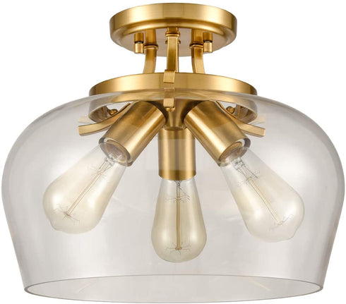 Venice Brass 3-Light Ceiling Light Semi Flush Mount Clear Glass Shade