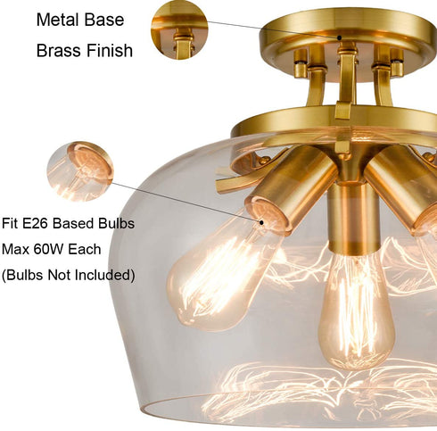 Venice Brass 3-Light Ceiling Light Semi Flush Mount Clear Glass Shade