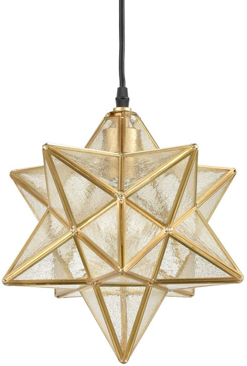Sorrento Brass Moravian Star Pendant Light Seeded Glass Shade 11-In