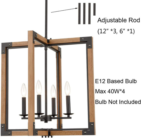 Ponza Large Modern Farmhouse Wood Rectangle Chandelier Light Fixture 4-Light