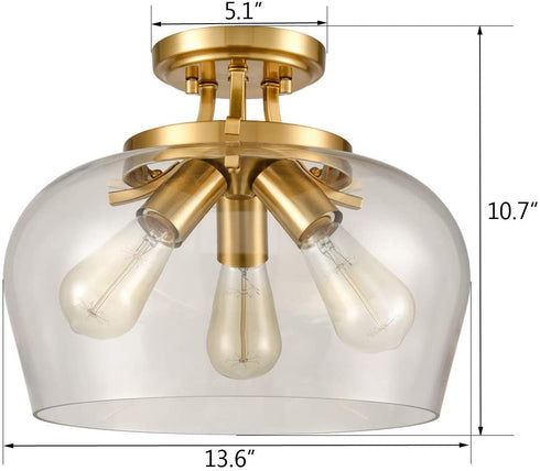 Venice Brass 3-Light Ceiling Light Semi Flush Mount Clear Glass Shade