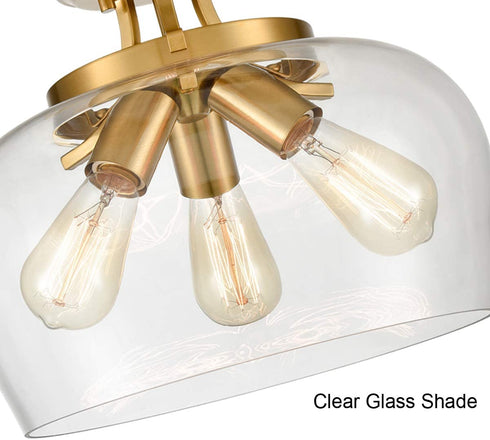 Venice Brass 3-Light Ceiling Light Semi Flush Mount Clear Glass Shade