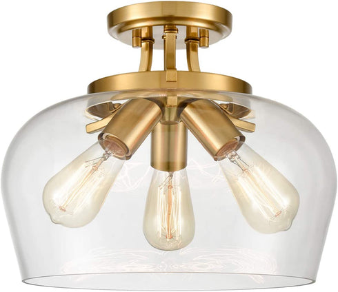 Venice Brass 3-Light Ceiling Light Semi Flush Mount Clear Glass Shade