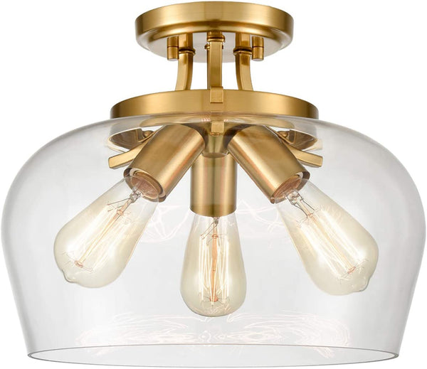 Venice Brass 3-Light Ceiling Light Semi Flush Mount Clear Glass Shade