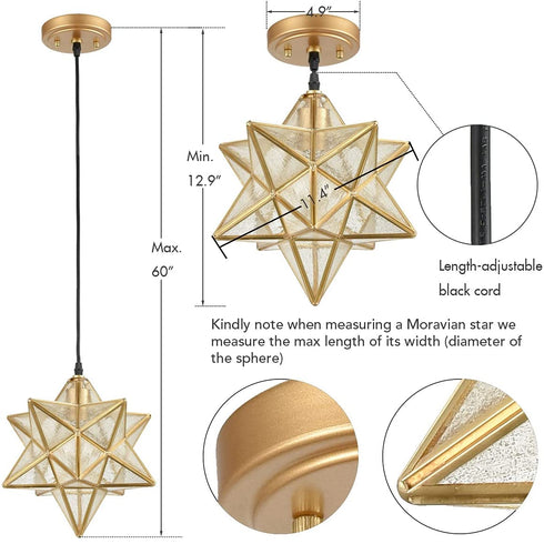 Sorrento Brass Moravian Star Pendant Light Seeded Glass Shade 11-In