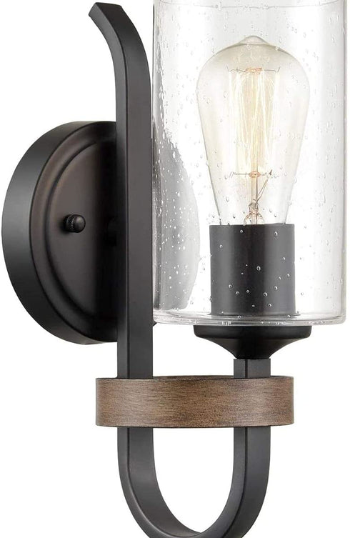 Napoli Industrial Seeded Cylindrical Glass Wall Sconce | Farmhouse Black & Wood Grain Finish