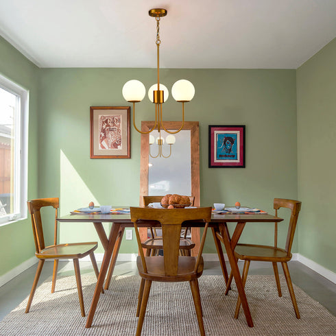 Glass Globe Chandelier Mid Century Pendant Ceiling Lights Milky White Ball Lampshade Wrought Iron for Living Dining Room Bedroom 3 Lights