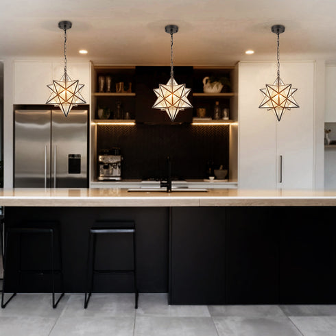 Moravian Star Pendant Light Seeded Glass Shade, 16 inches