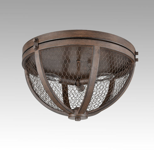 Vintage Wood Grain Metal Cage Flush Mount Ceiling Light With 3-Lights