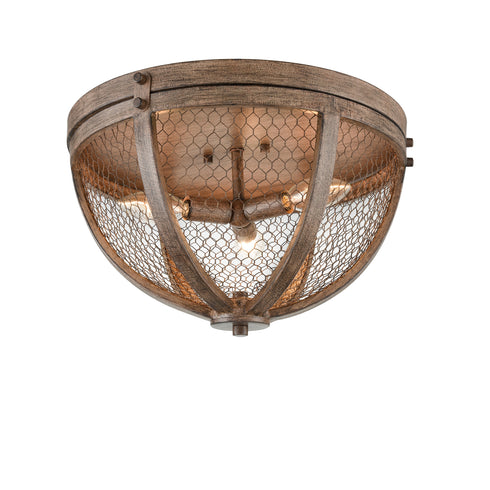 Vintage Wood Grain Metal Cage Flush Mount Ceiling Light With 3-Lights
