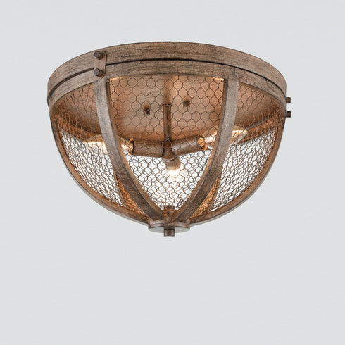 Vintage Wood Grain Metal Cage Flush Mount Ceiling Light With 3-Lights