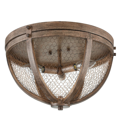 Vintage Wood Grain Metal Cage Flush Mount Ceiling Light With 3-Lights