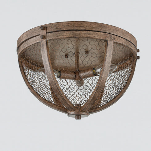 Vintage Wood Grain Metal Cage Flush Mount Ceiling Light With 3-Lights