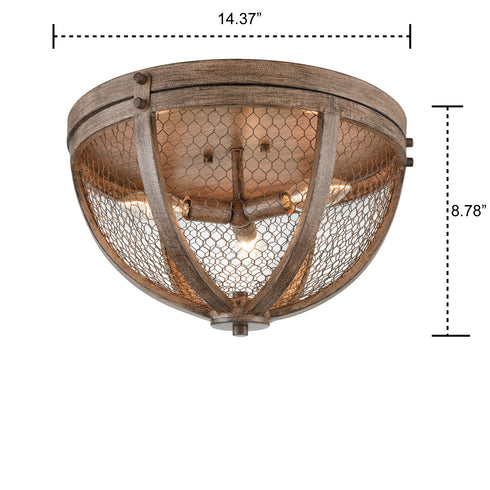 Vintage Wood Grain Metal Cage Flush Mount Ceiling Light With 3-Lights