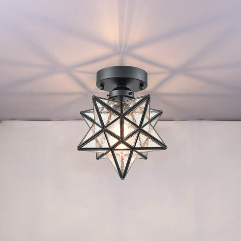 Industrial Moravian Star Ceiling Light with Seeded Glass 8 Inches