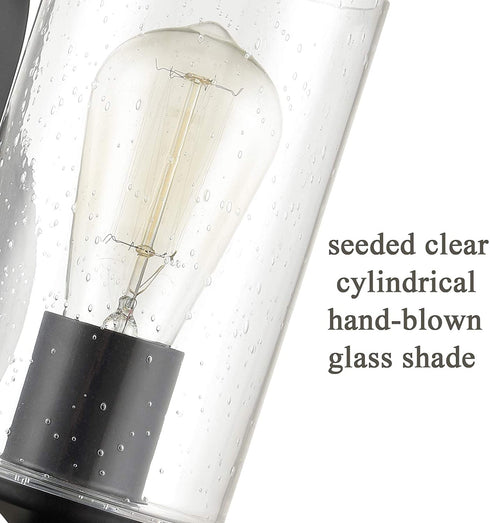 Napoli Industrial Seeded Cylindrical Glass Wall Sconce | Farmhouse Black & Wood Grain Finish