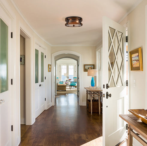 Farmhouse Clear Seeded Glass Ceiling Light Fixture Black+Rustic Wood Grain Finish