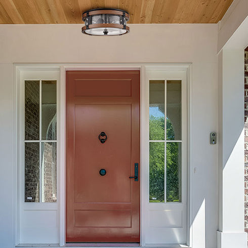 Farmhouse Clear Seeded Glass Ceiling Light Fixture Black+Rustic Wood Grain Finish