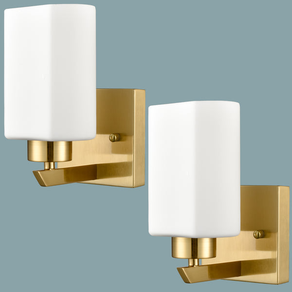 Modern Milky White Glass Gold Rounded rectangle Vanity Wall Sconces Fixtures Set of 2