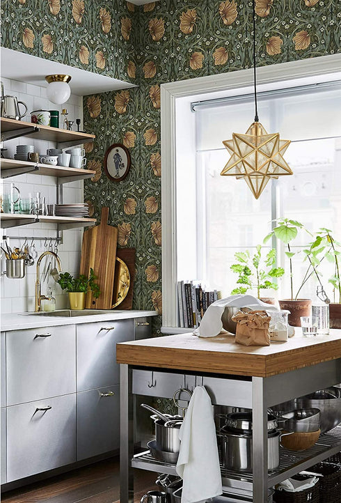 Sorrento Brass Moravian Star Pendant Light Seeded Glass Shade 11-In