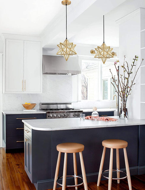 Sorrento Brass Moravian Star Pendant Light Seeded Glass Shade 11-In