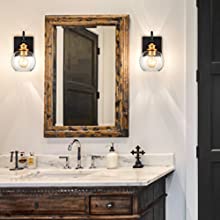 Set of 2 Modern Black Metal Wall Sconce with Globe Clear Glass Shade for Bathroom