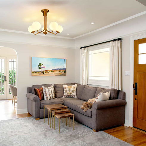 5-Light Mid-Century Modern Gold Semi Flush Mount Globe Ceiling Chandelier Light