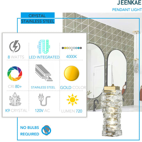 Modern Mini Crystal Pendant Light Gold LED 8-Watt, 4000K