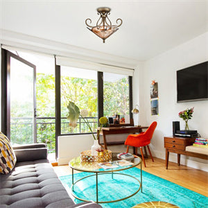 Art Deco Semi Flush Rustic Ceiling Light Amber Glass Shade