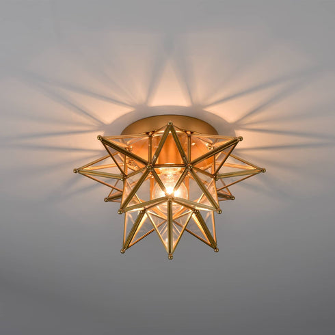 Brass Moravian Star Ceiling Light Flush Mount, Transparent, 12.7-IN