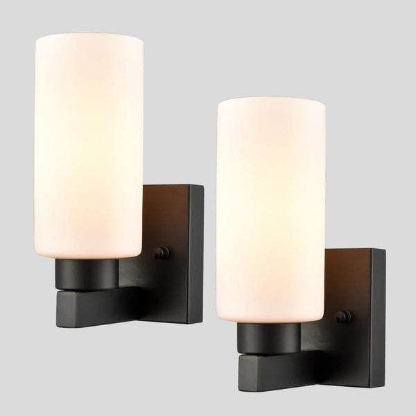Bathroom Modern Black Wall Sconce Milky White Cylinder Glass Set of 2