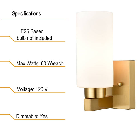 Bathroom Modern Brass Wall Light Milky White Cylinder Glass Set of 2