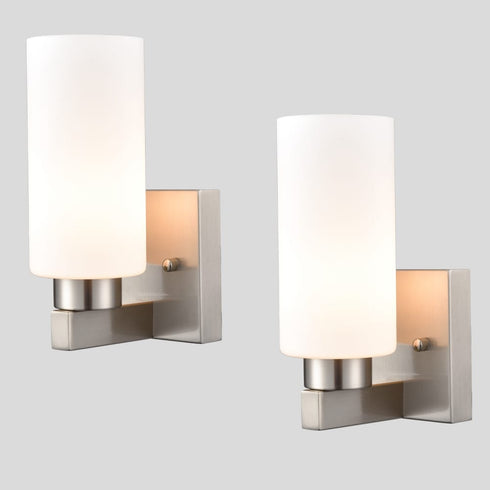Wall Light Bathroom Modern Brushed Nickel Milky White Cylinder Glass Set of 2