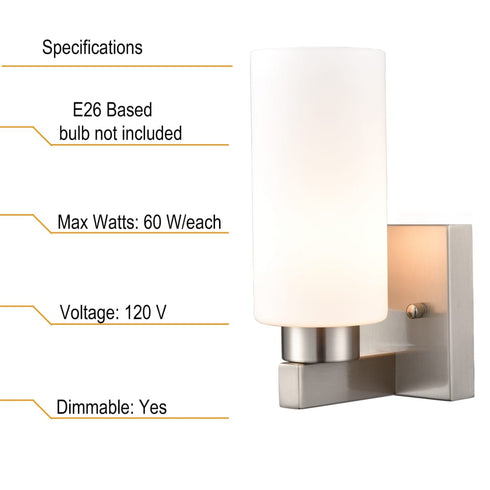 Wall Light Bathroom Modern Brushed Nickel Milky White Cylinder Glass Set of 2