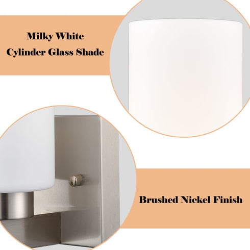 Wall Light Bathroom Modern Brushed Nickel Milky White Cylinder Glass Set of 2