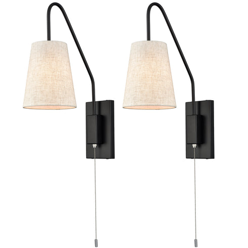 Black Plug-in Wall Sconce for Bedroom Lamps Set of 2 with Pull Chain Switch