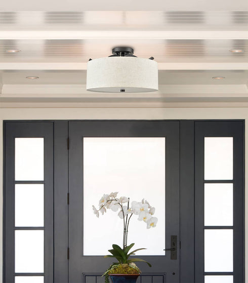 Black Semi Flush Mount Ceiling Light with Fabric Drum Shade Dimmable