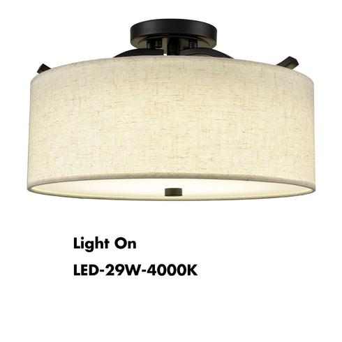 Black Semi Flush Mount Ceiling Light with Fabric Drum Shade Dimmable