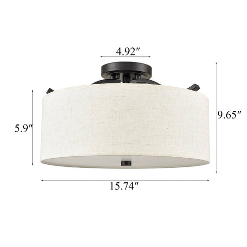 Black Semi Flush Mount Ceiling Light with Fabric Drum Shade Dimmable