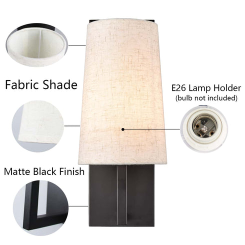 Black Wall Sconces Sets of Two Modern Fabric Shade Wall Lamps for Bedroom