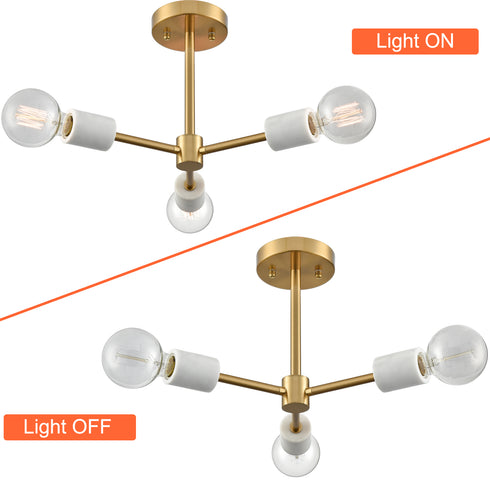 Brass Ceiling Light Semi Flush Mount Fixture 3-Light Sputnik Ceiling Lighting