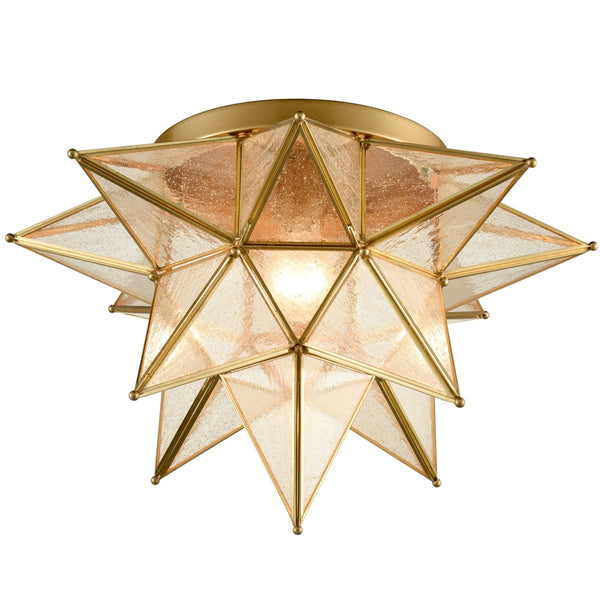 Brass Moravian Star Ceiling Light Seeded Glass 18-Inch