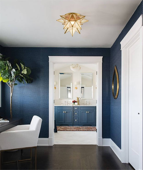 Brass Moravian Star Ceiling Light Seeded Glass 18-Inch