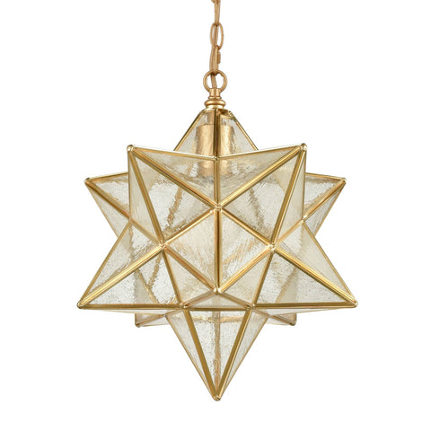 Brass Moravian Star Pendant Light 14-inch Seeded Glass Shade